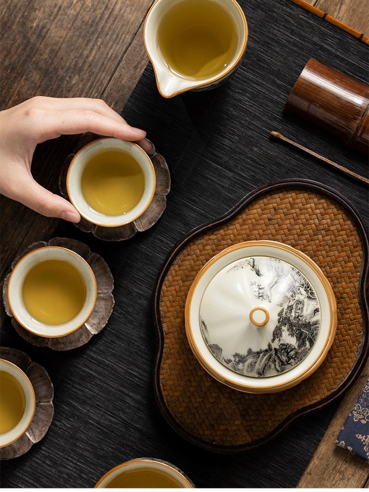 130ML Ru Kiln Landscape Porcelain Gaiwan Set For Tea Tureen Teaware Cup Chinese Yellow Ceramic Opening Tea Bowls Tea Ceremony