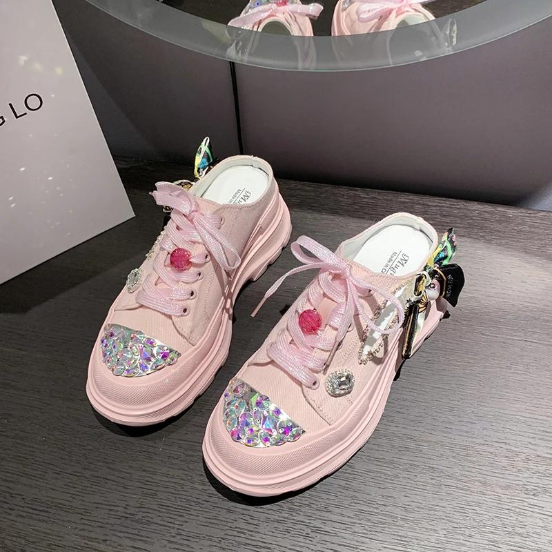 Fashion 2025 New Thick-soled Rhinestone Luxury Half Slippers Autumn Ladies Casual Breathable Sneakers Bow Knot Lovely Lolita Women Shoes