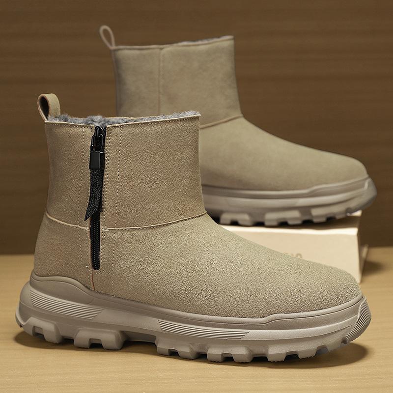 Snow Boots Winter Warm Cotton Boots, Cow Suede Velvet High-top Shoes Men's Boots Leather Side Zipper Platform Men's Shoes