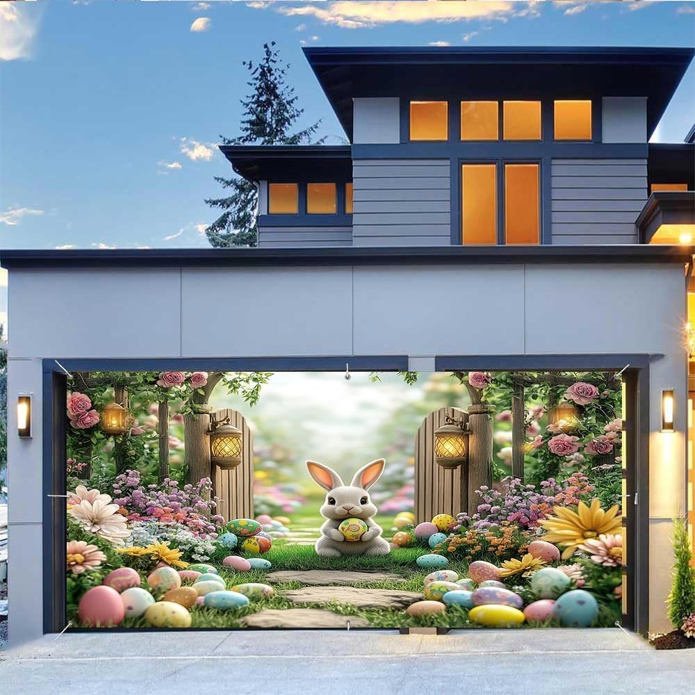 MERCHR Easter Garden Garage Door Backdrop 8 X 7 Ft, Spring Happy Easter Rabbit Colorful Eggs Bunny Garage Door Banner, Polyester, White