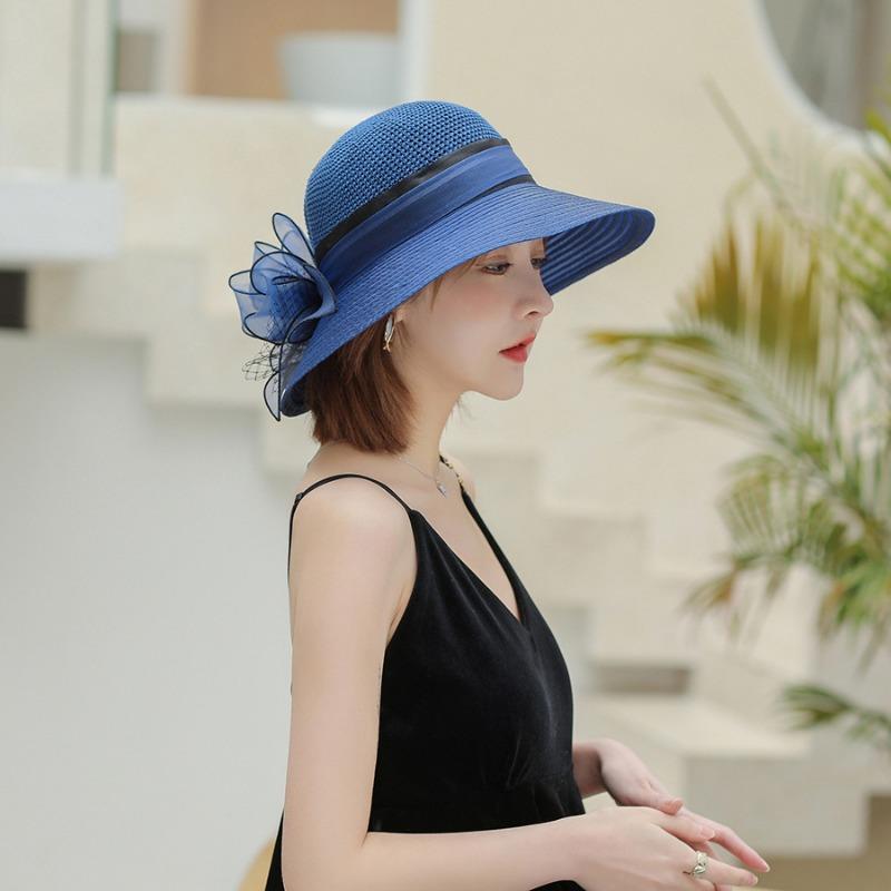 Hats Womens Summer Large Organza Brim Splicing Sun Hat Flowers Fashion Sun Hat Holiday Beach Hat Tide