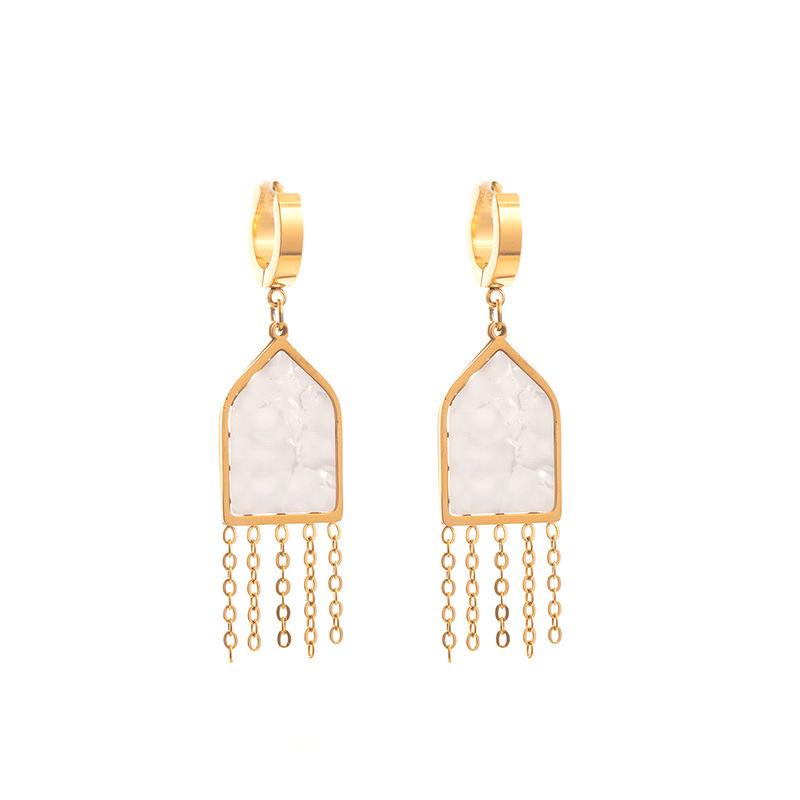 Geometric Hollow Heart Tassel Earrings: Titanium Steel Studs with Light Luxury Design.