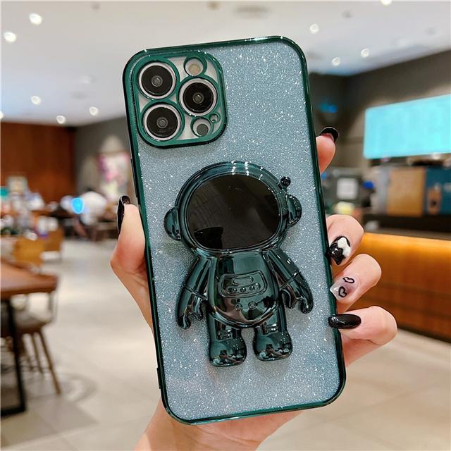 Fashion Glitter Astronaut Foot Stand Phone Case For iPhone 16 15 14 13 11 Pro XR Xs Max 12 Mini Plating Holder Cover On 7 8 Plus