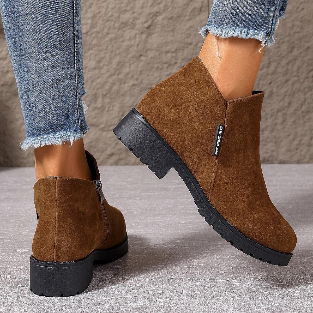

Women s boots autumn and winter suede and bare boots side zipper square heel medium heel short boots 42 темно-коричневого кольору