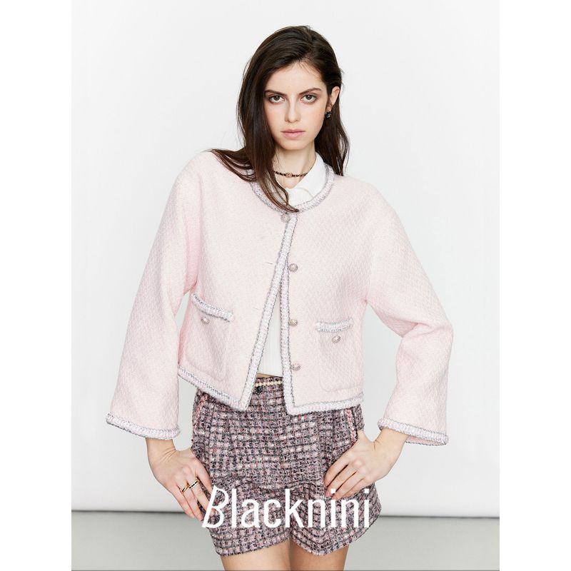 Blacknini Yin Waffle Pink Dai Spring Sakura Bai Nian Lt High Luxury Fabric Bell Sleeve Tweed Outwear