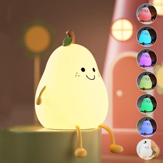 Rechargeable Silicone Pear Night Lamp, Touch Control Color-Changing LED Light with 7 Colors, , Ideal Baby Gift (Warm White)