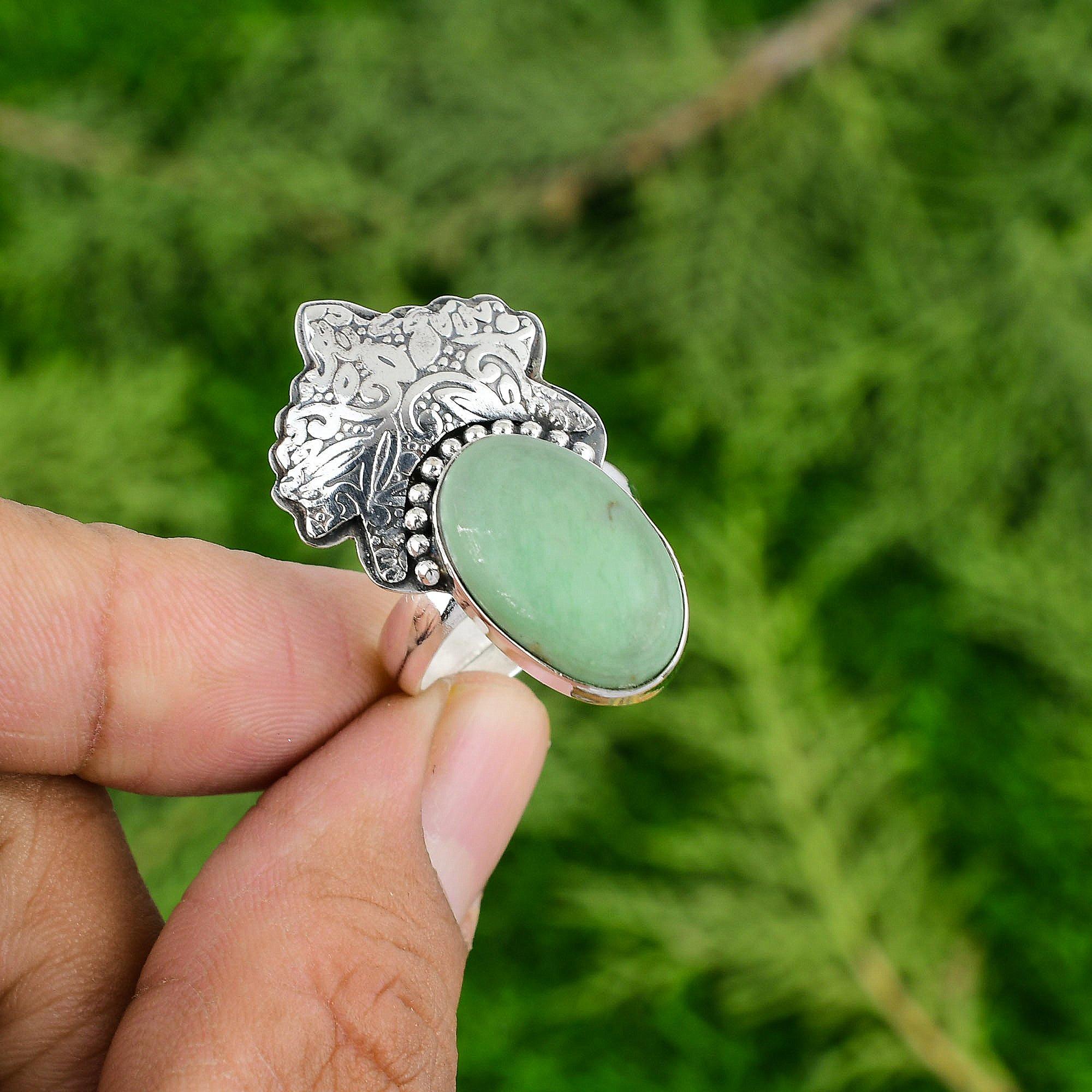 

Easter Deal Oval Natural Chrysoprase 925 Silver Statement Daughter Wedding Ring Adjustable