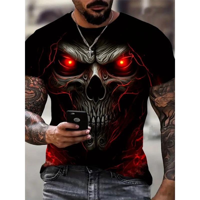 Large Men's Skull Pattern 3D Printed Men's Round Neck Short Sleeved T-shirt Summer Fashion T-shirt Casual and Comfortable Versatile Top