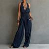 Damen Neckholder Jumpsuit mit weitem Bein Unifarben Tasche Lässiger lockerer Schnitt Rückenfrei Strampler