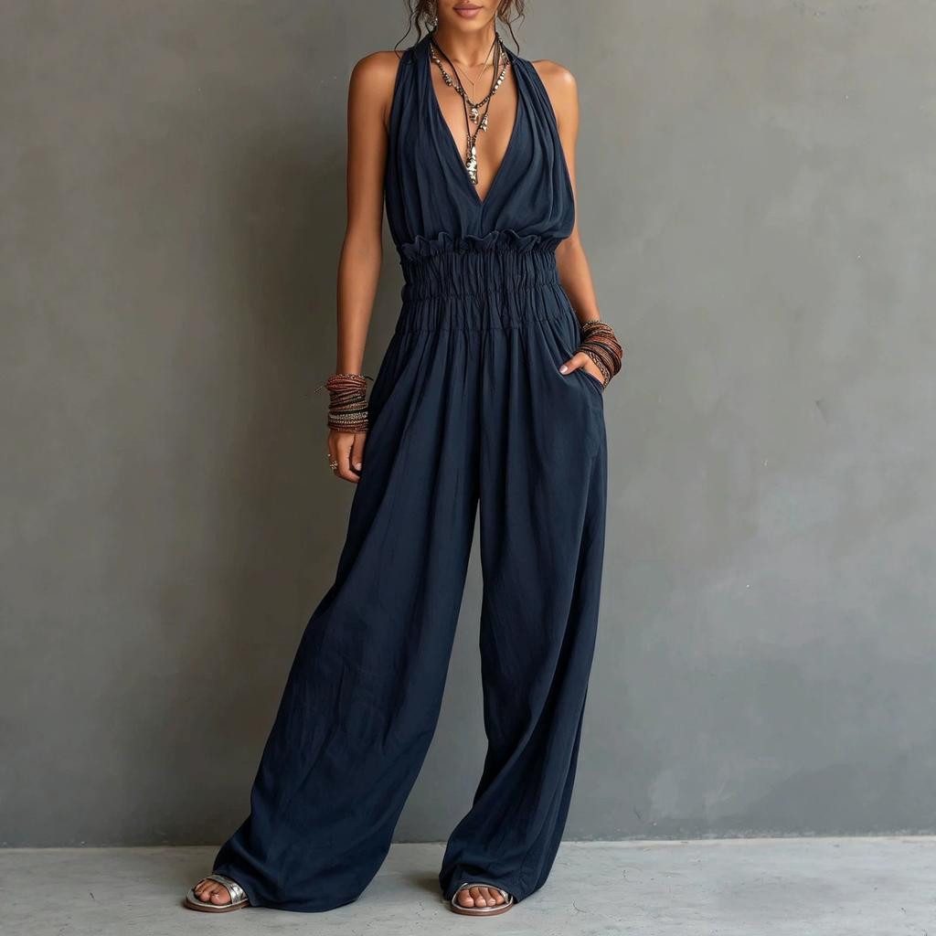 Damen Neckholder Jumpsuit mit weitem Bein Unifarben Tasche Lässiger lockerer Schnitt Rückenfrei Strampler