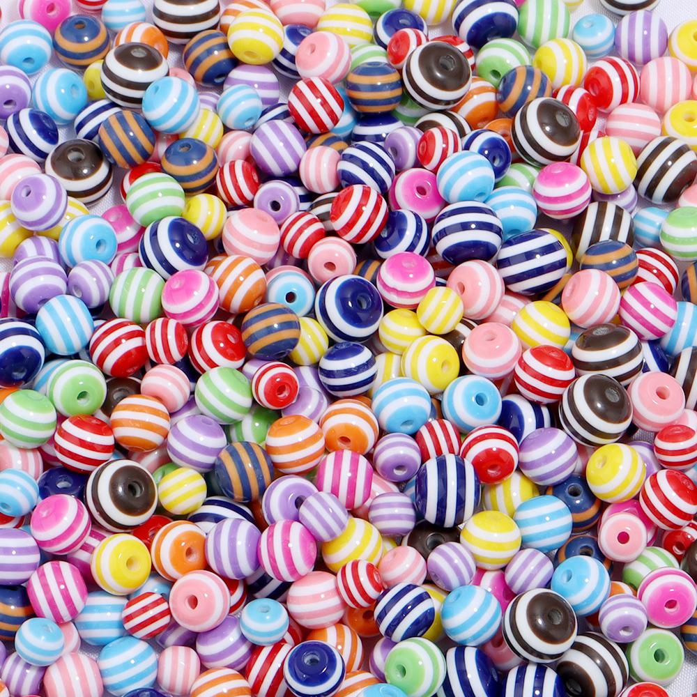 50-100pcs/lot 6 8 10 12mm Resin Round Beads Colored Stripes Spaced Beads For DIY Craft Bracelet Phone Chains Making Accessories