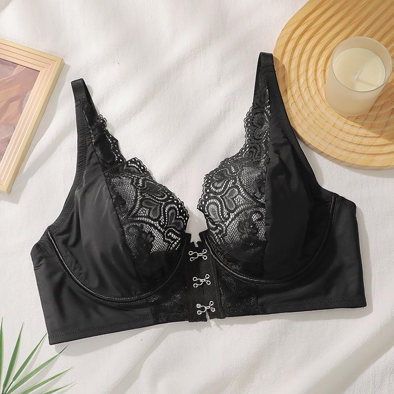 Women Black Lace Front Closure Bra Underwired Push Up Wide Strap Sexy Lingerie XL чёрный