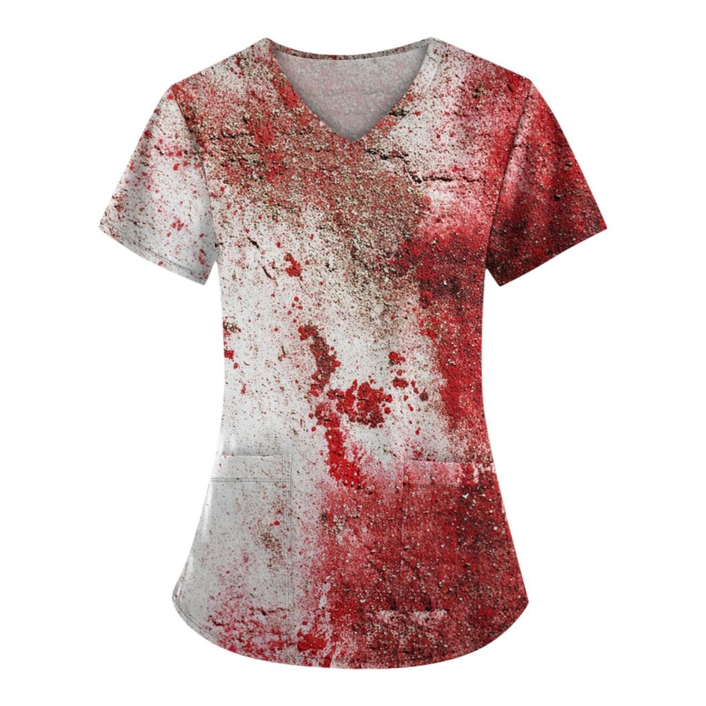 Plus SizePrinted Scrub Working Uniform Tops For Women's Cross V-Neck Halloween Print Short Sleeve Fun T-Shirts Workwear Tee With Pockets