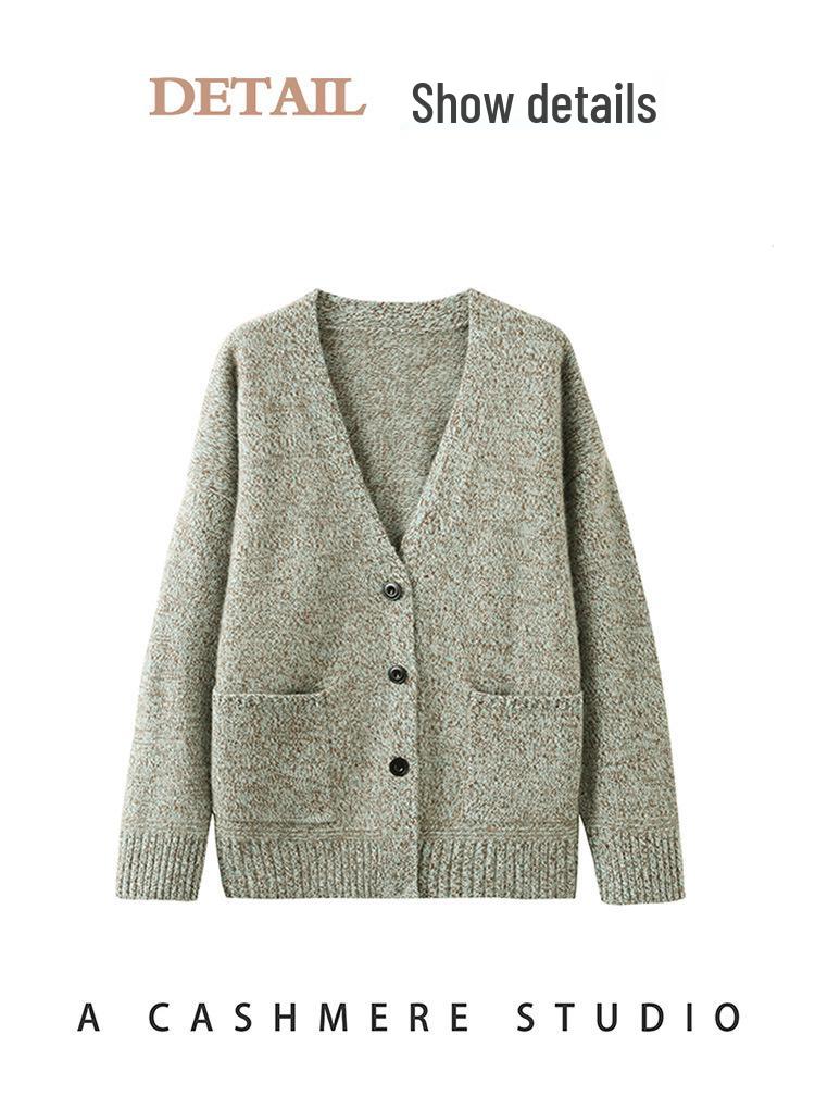 Women's V-Neck Cashmere Knit Cardigan - Autumn/Winter, Long Sleeve, Thick, Stylish & Versatile.