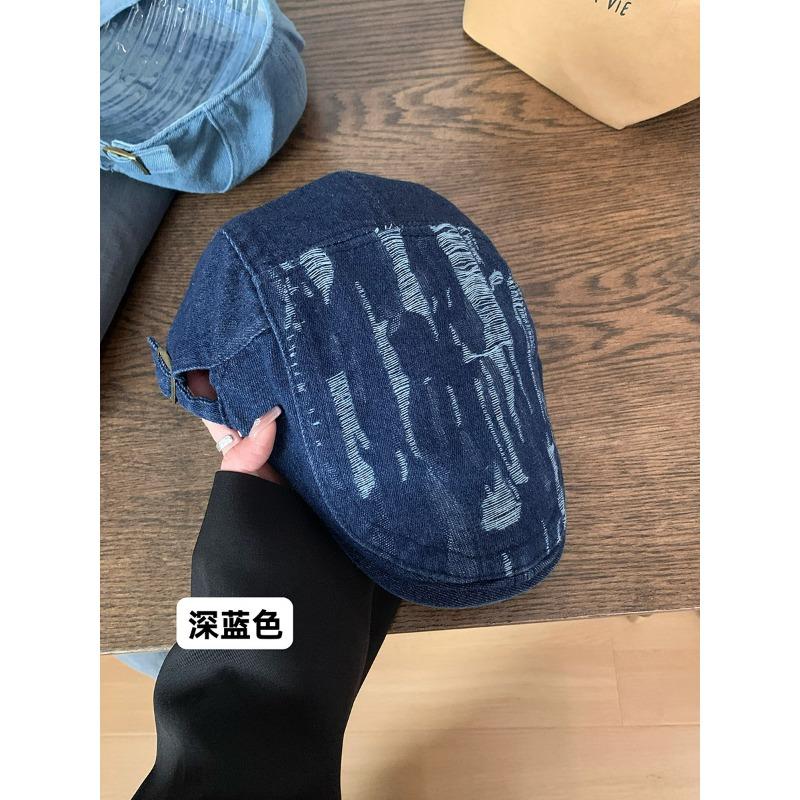 Retro Ripped Denim Forward Hat Women's Spring and Autumn Versatile Face Peaked Hat Men's Fashion Styling Beret