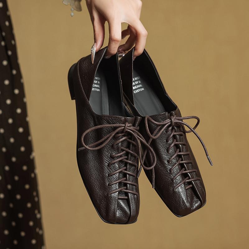 Fashion Size 34-40 Retro Low Heel Shoes for Women Real Leather Lace-Up Low Heels Shoes Vintage Spring 2025 New Office Lady Daily Dress