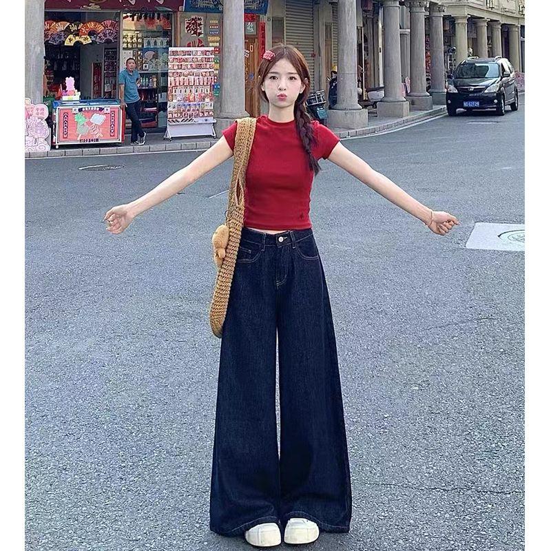 

Ретро Американский Деним Большого Размера Женский 2025 Весна/Лето Женский Большого Размера Свободные С Завышенной Талией Стройнящие Прямые Широкие Брюки-Швабры