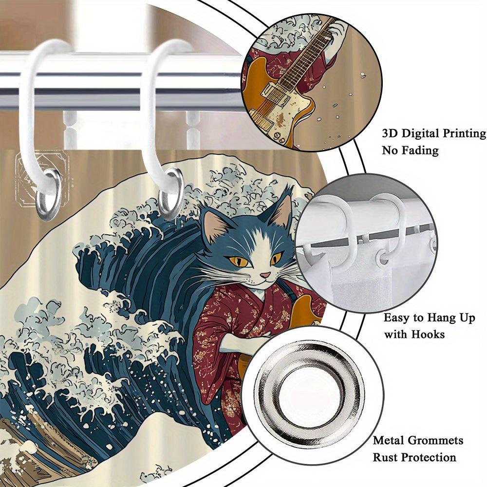 Unique Cat Playing Guitar Print Waterproof Shower Curtain For Bathroom, Japanese Wave Design High-End Toilet Partition Curtain