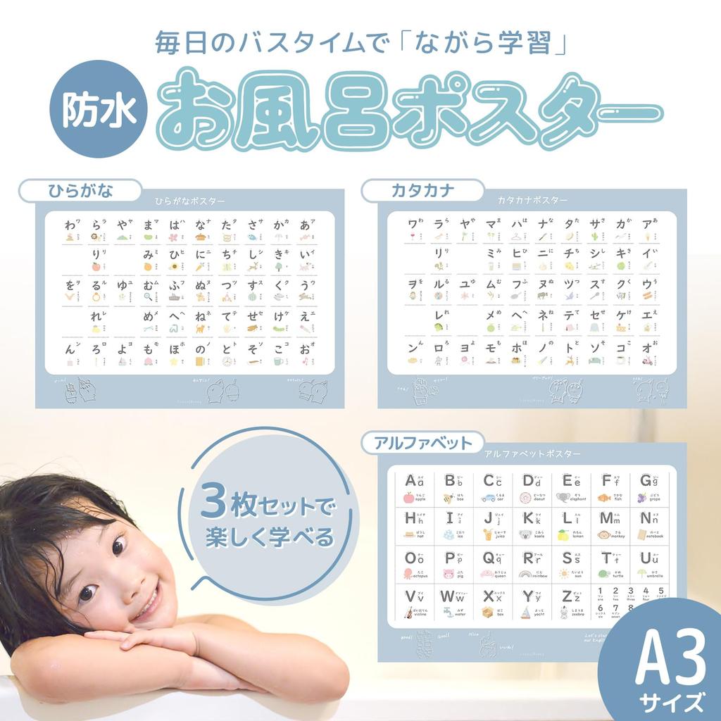 Stylish Bath Posters: Set of 3, Hiragana, Katakana, and Alphabet Learning Posters, A3 Size, A-I-U-E-O Chart, Katakana Chart, and English Chart.