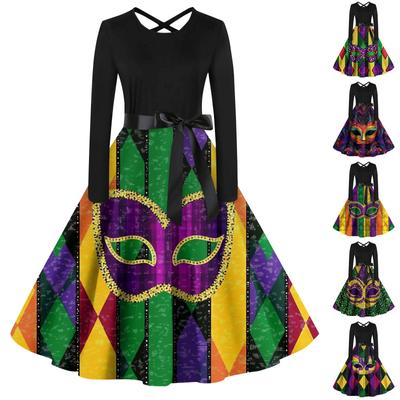 Women's Casual Print O-neck Pullover High Waist Long Sleeve Dress