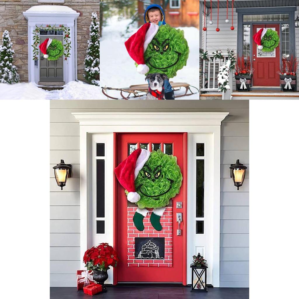 Grinch Green Plush Christmas Wreath Decorative Hanging Ornament For Festive Decor