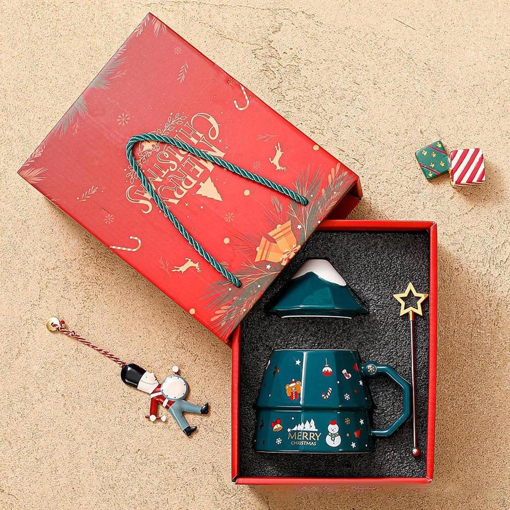 Keramik Weihnachtsbecher Kaffeetasse, mit Deckel und Henkel, Geschirr, Feiertags Lustige Tasse