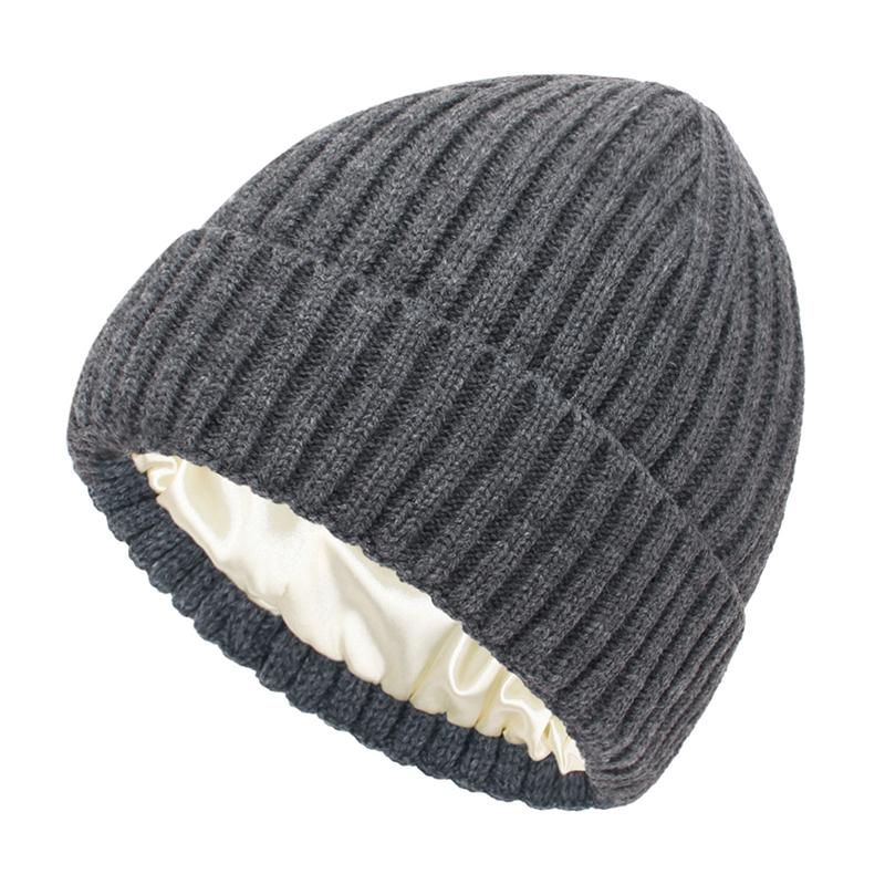 Winter Silk Satin Lined Beanie Hats Women Men Unisex Thick Chunky Cap Striped Warm Soft High Quality Cashmere Knitted Beanie Hat