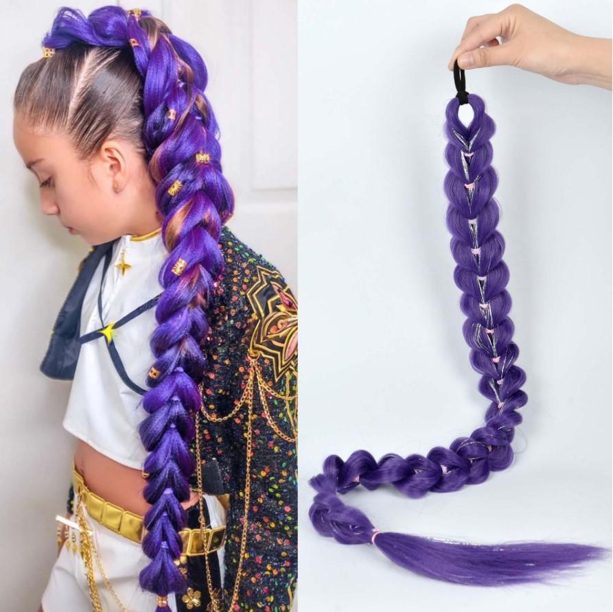 Synthetic Woven Purple Hair Ponytail Cosplay Costume Hairstyle for Children Girls Halloween Christmas