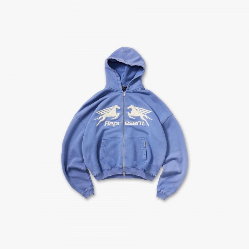 Unisex Distressed Zip-Up Hoodie With 3D Embroidered Twin Horses Cotton Sweatshirt Fall