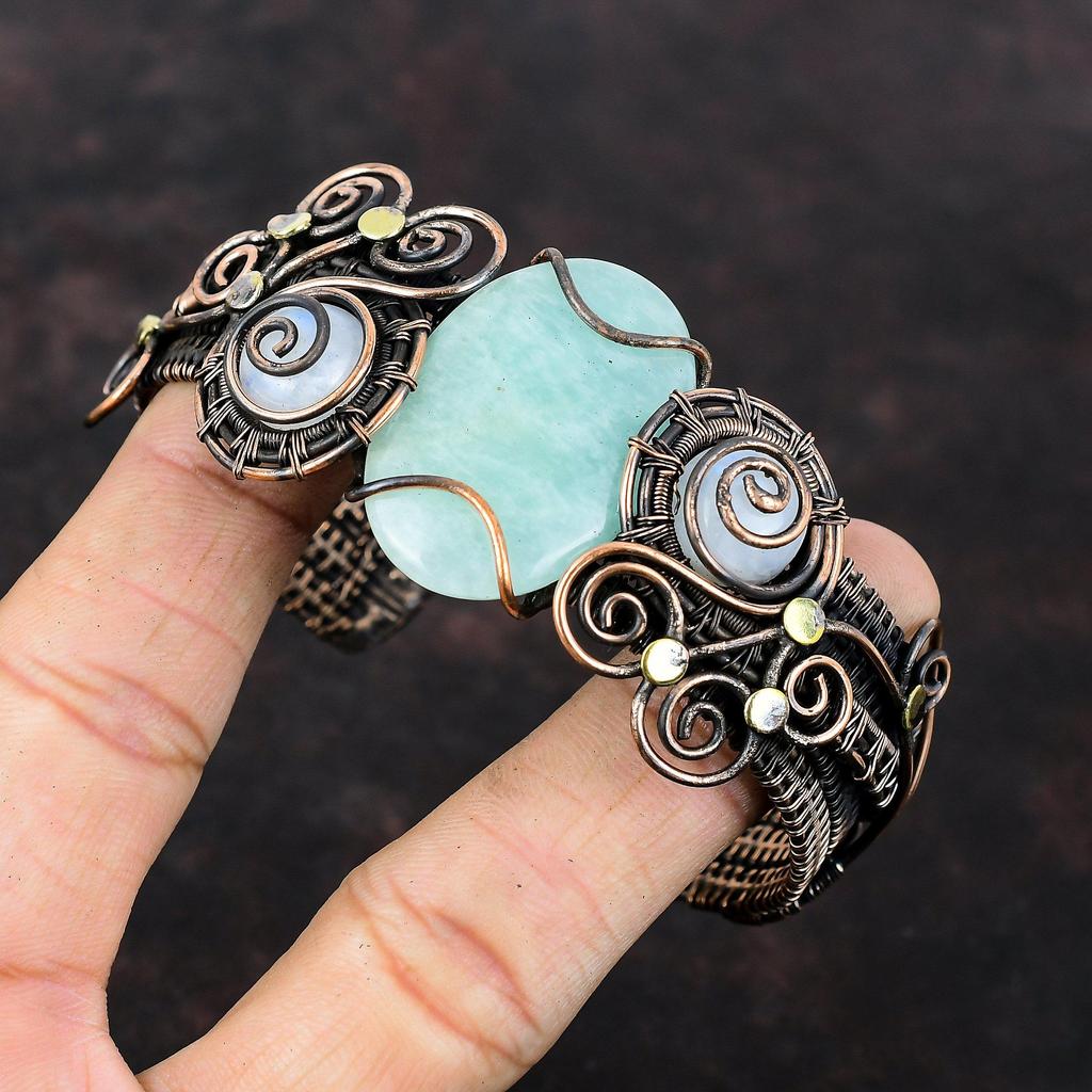 Amazonite Gemstone Cuff Bracelet Copper Wire Wrapped Cuff Rainbow Moonstone Bangle Adjustable Cuff Bracelet Handmade Jewelry Gift For Women
