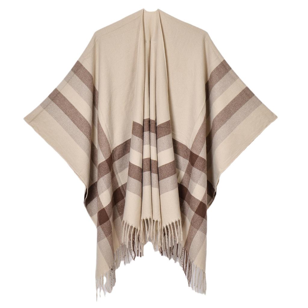 Women's Simple Fashion Striped Plaid Pashmina Shawl All Match Split Cardigan Autumn Winter Warm Office Cape