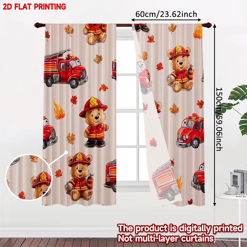 2D flat printing 2pcs Party Window Curtains Cute Bear Firefighter Digital Printed Polyester Drapes Festive Holiday for Photo