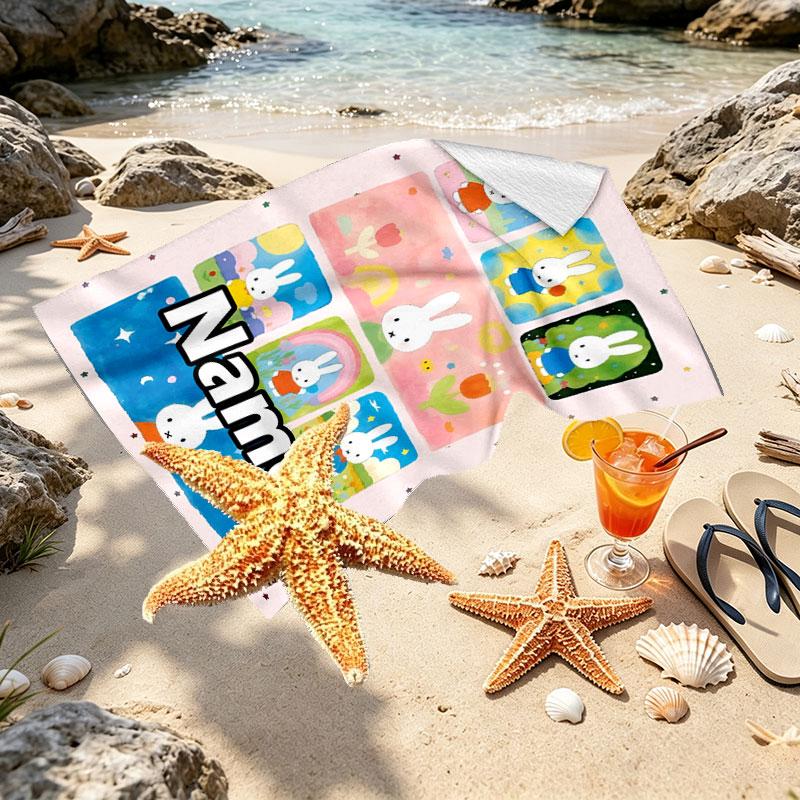 Custom Name Personalized Miffy Print Beach Towel, for Trip Camping Beach Party Home Decor, Birthday Gift for Family & Friends