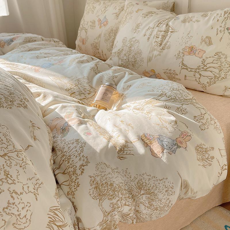 

100% Pure Cotton Bed Four-piece Set Skin-friendly Water Wash Bed Sheet Quilt Cover Pillowcase Set 1.2m bed