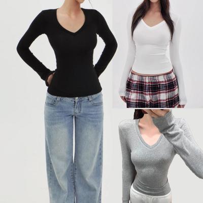 Amerikan Sıcak Kız V Yaka Düz Omuz Uzun Kollu Modal Tişört Cilt Dostu Dokusuyla
