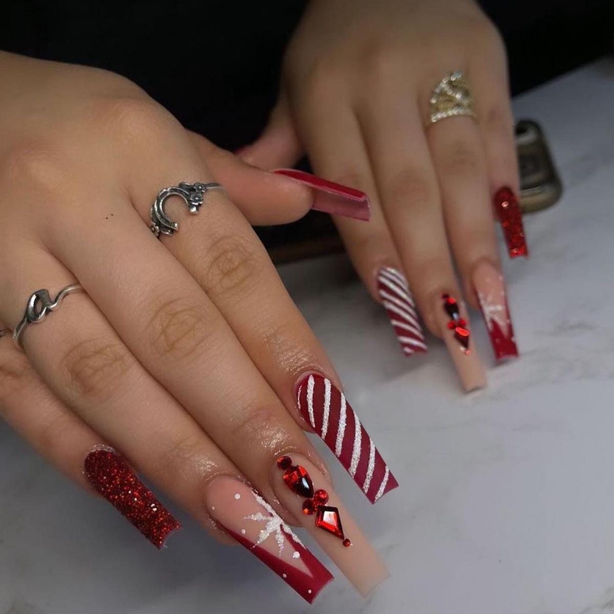 

Holiday Candy Cane Red & White Striped Press-On Nails with Glitter Snowflake & Rhinestone Accents