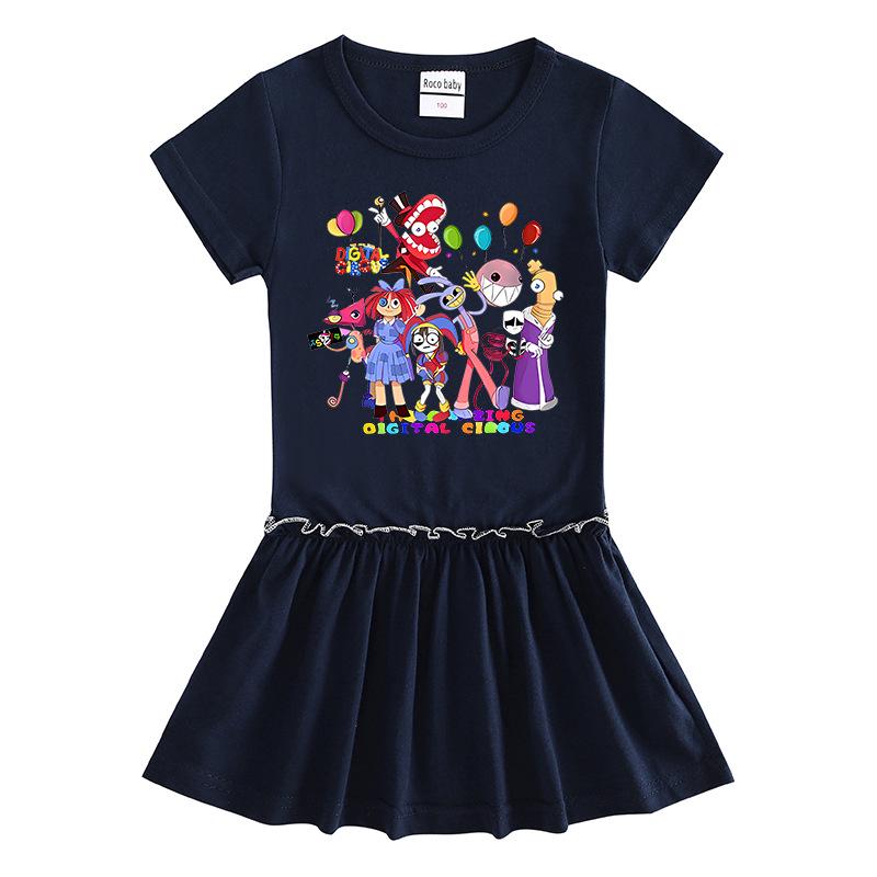 2026 Korean Style Kids' Cartoon Dress: Color Block Pleated Skirt with Short Sleeves for Girls
