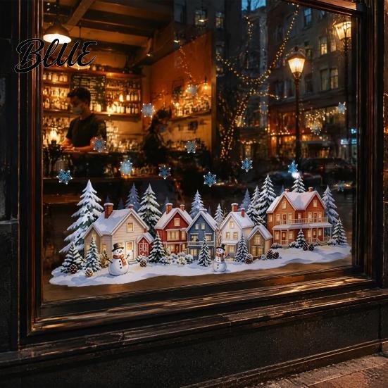 Holiday Glass Stickers Christmas Snow Village Static Window Cling Glowing Warm Scenery Sticker Reusable Party Decor for Glass Snowman House