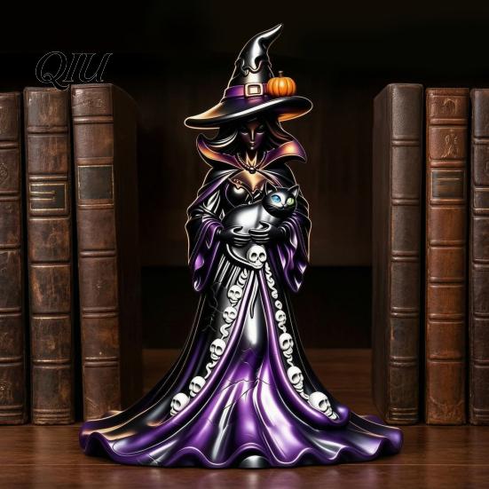 Goth Style Interior Accessories Halloween Witch Figurine, Resin Black Cat Statue with Pumpkin, Retro Seasonal Holiday Ornament Sculpture, Gothic