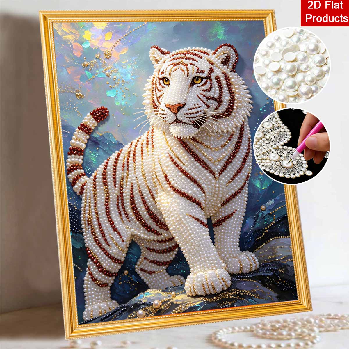 Animal Pearl Painting Handmade 5D DIY White Tiger Home Office Desktop Decoration Art 30x40