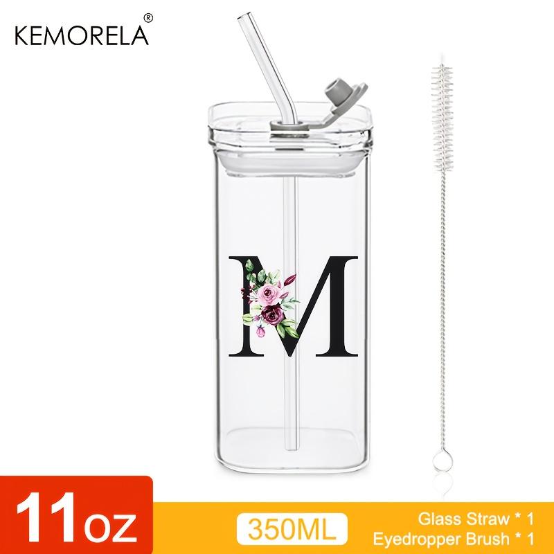 1 STÜCK 24 Buchstabenförmige Glastrinkbecher mit Deckel und Strohhalm Kaffeebecher 300ML Klarer quadratischer Trinkbecher für Kaffee Bier Milch