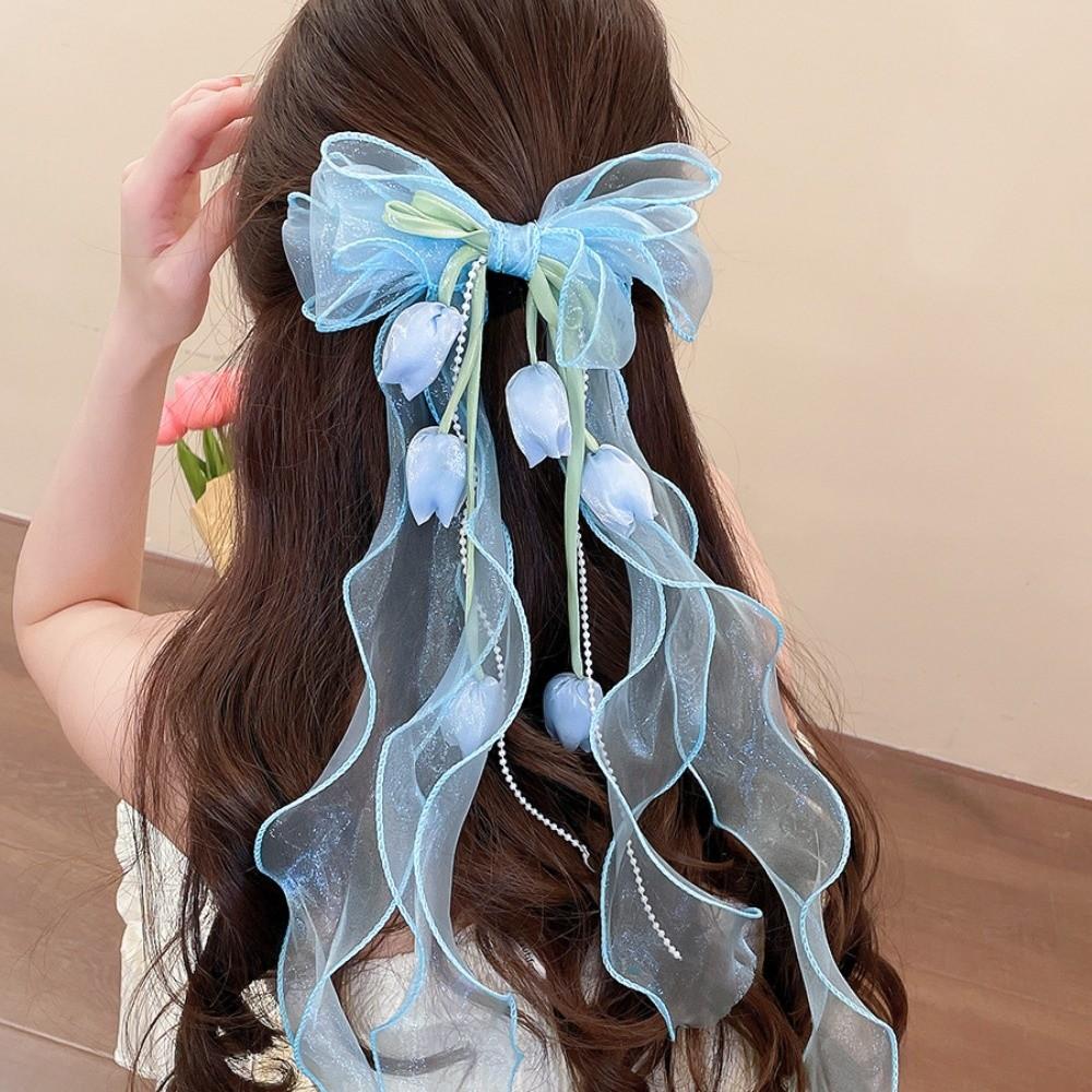 Pendant Tassel Muguet Flower Hairpin Mesh Ribbon Organza Bowknot Barrette Bridesmaids