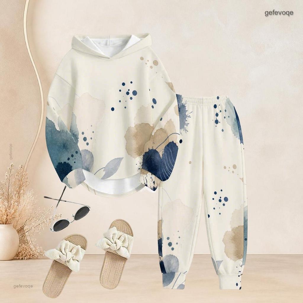 Women Plus Size Two Piece Set Abstract Leaf Printed Hooded Long Sleeve Top Cuffed Pants
