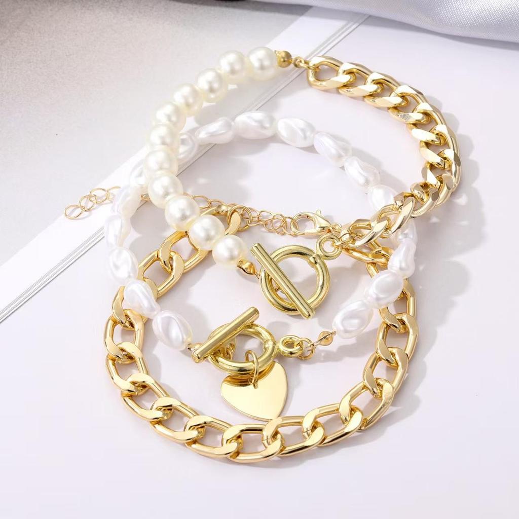 Versatile Pearl & Heart Chain Bracelet Set - Unisex Punk Retro Style