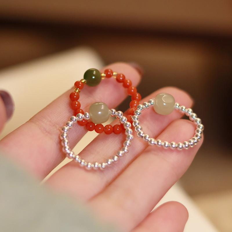Hot Sale Hetian jade, southern red agate, pearl ring, beaded woven finger ring DIY Women's simple and fresh accessories