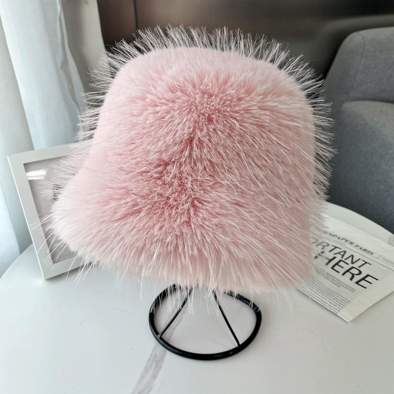 New Imitation Fox Hair Bucket Hat Women's Autumn and Winter Fashion Versatile Thickened Warm Plush Top Hat Japanese Show Small Face