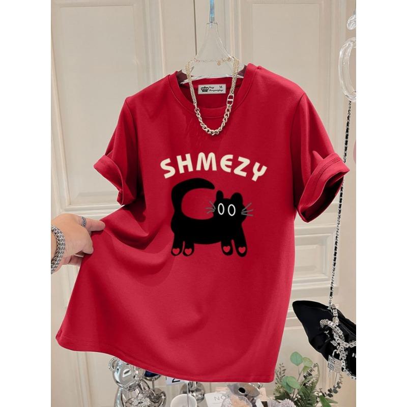 Cartoon Cat Top New Summer Korean Version Love Letters Large Version Loose Gray Short-sleeved T-shirt for Women