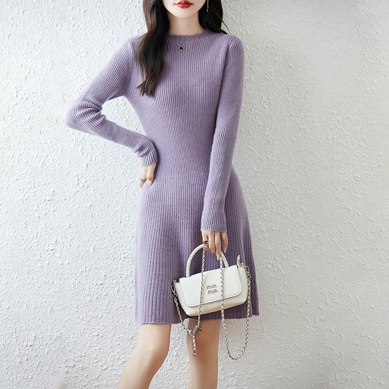Women Sweater Dress 100% Wool TIDENOVEL O-neck Knit Long Pullover Winter Jumpers Wool Long Dress Female