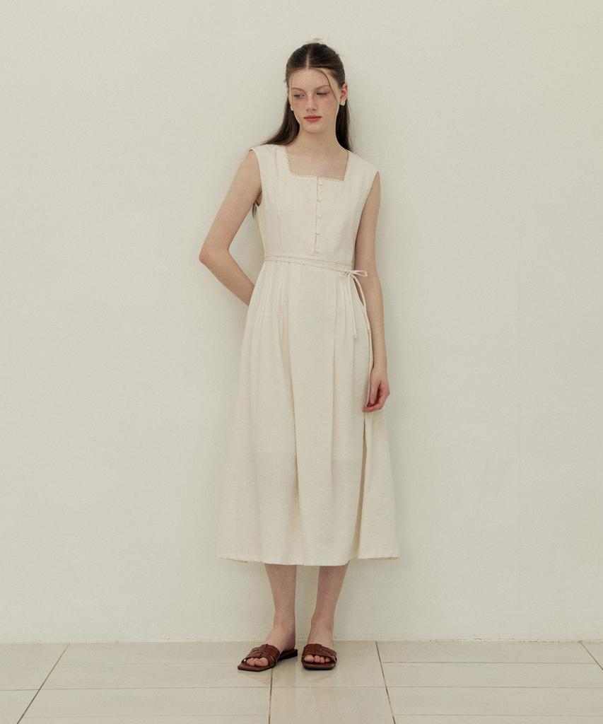 ADAUL Classic Pintuck Line Ribbon Long Dress - Natural