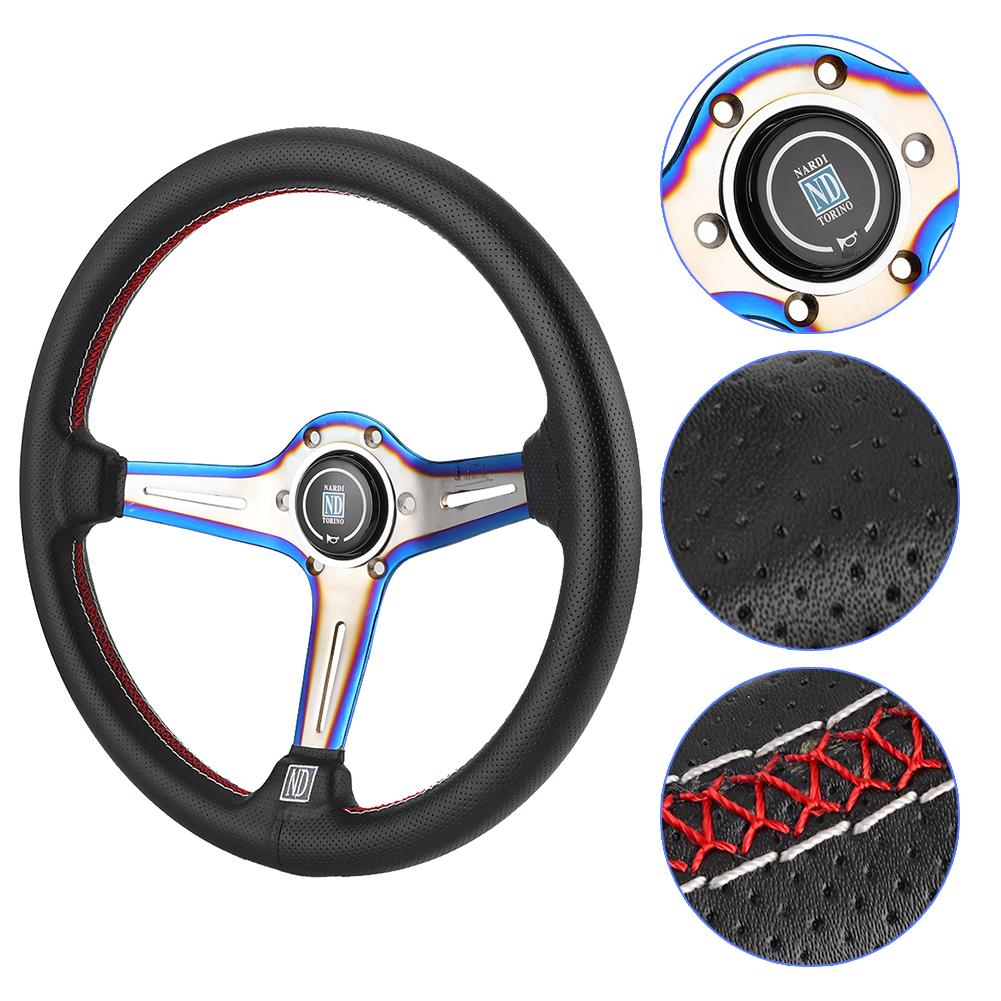 350mm 14in for NARDI Style 6 Bolt Half Dish Black Perforated Leather Racing Steering Wheel W  Horn